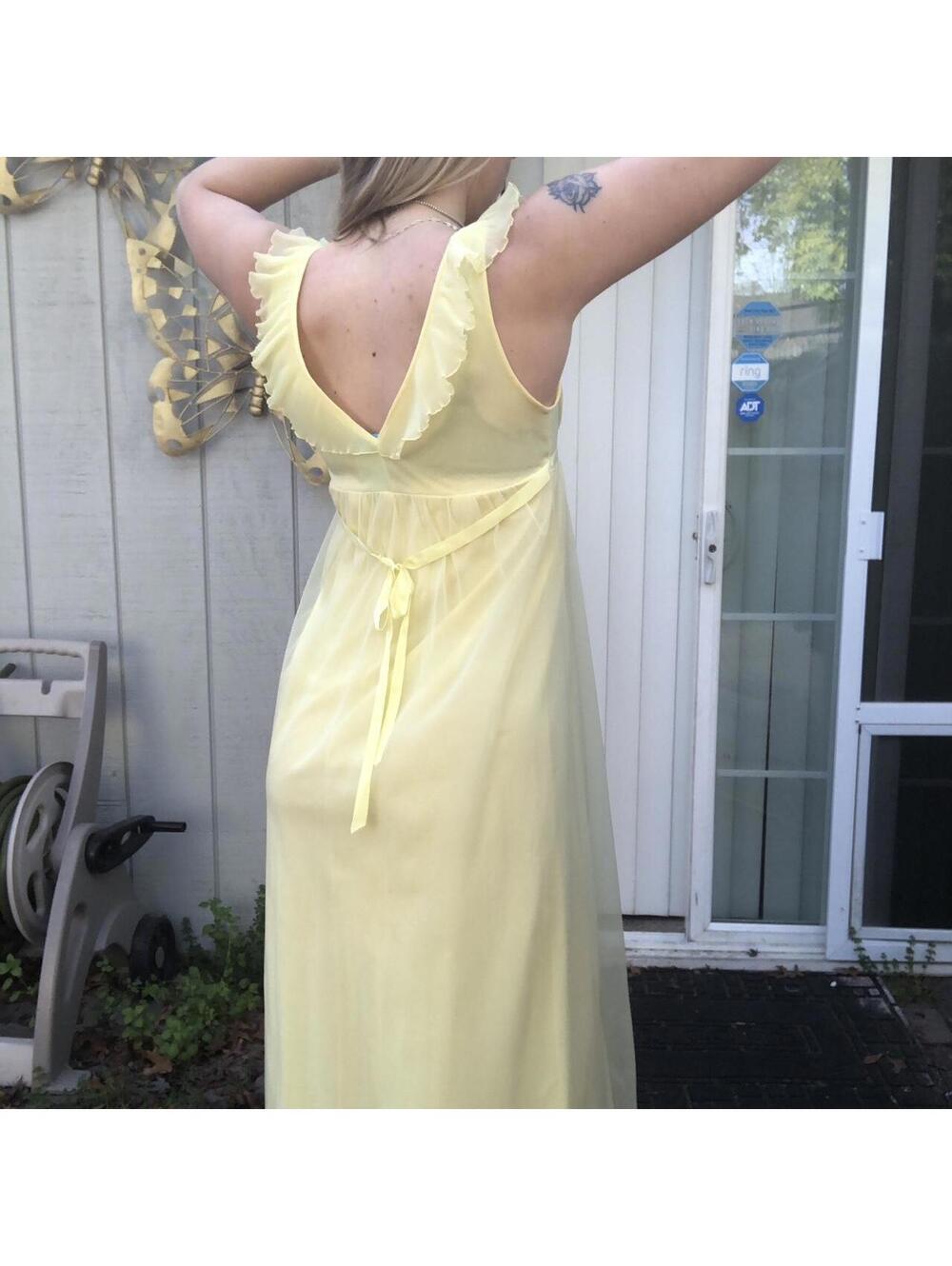 Vintage 1950's 60's Canary Yellow Satin Slip Dress Gown Waist Tie Sz M - Picture 2 of 3